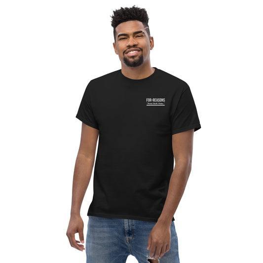 Classic Black w/ White Embroidered “For Reasons Mental Health Matters” Tee