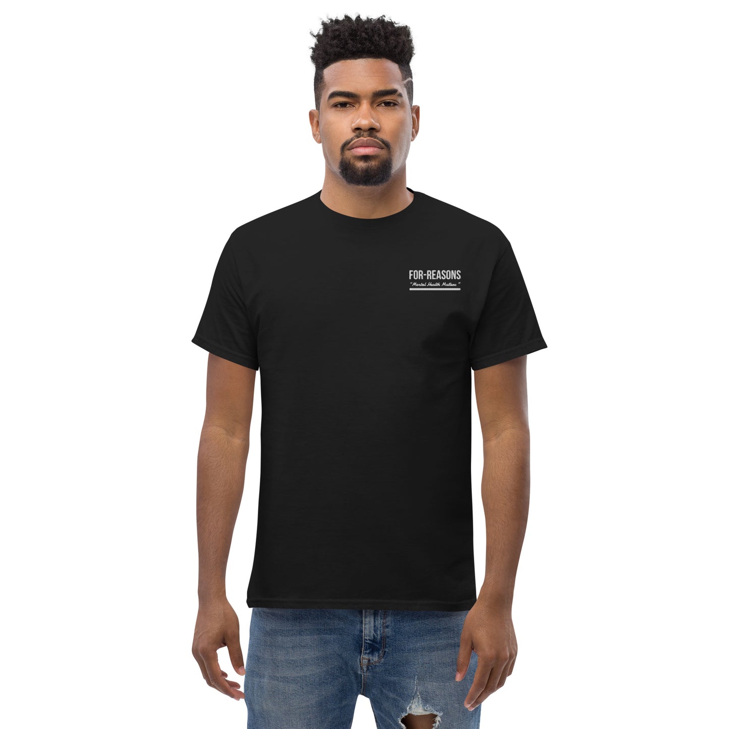 Classic Black w/ White Embroidered “For Reasons Mental Health Matters” Tee