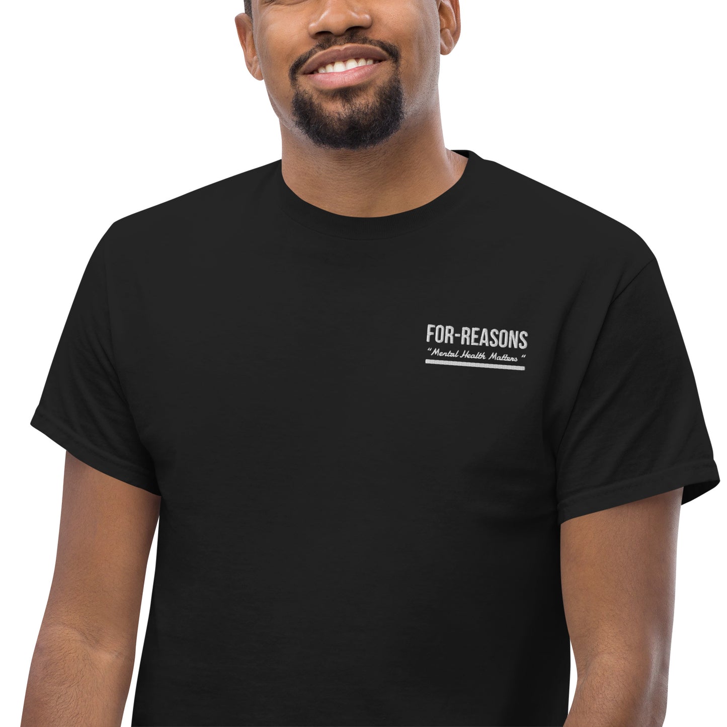 Classic Black w/ White Embroidered “For Reasons Mental Health Matters” Tee