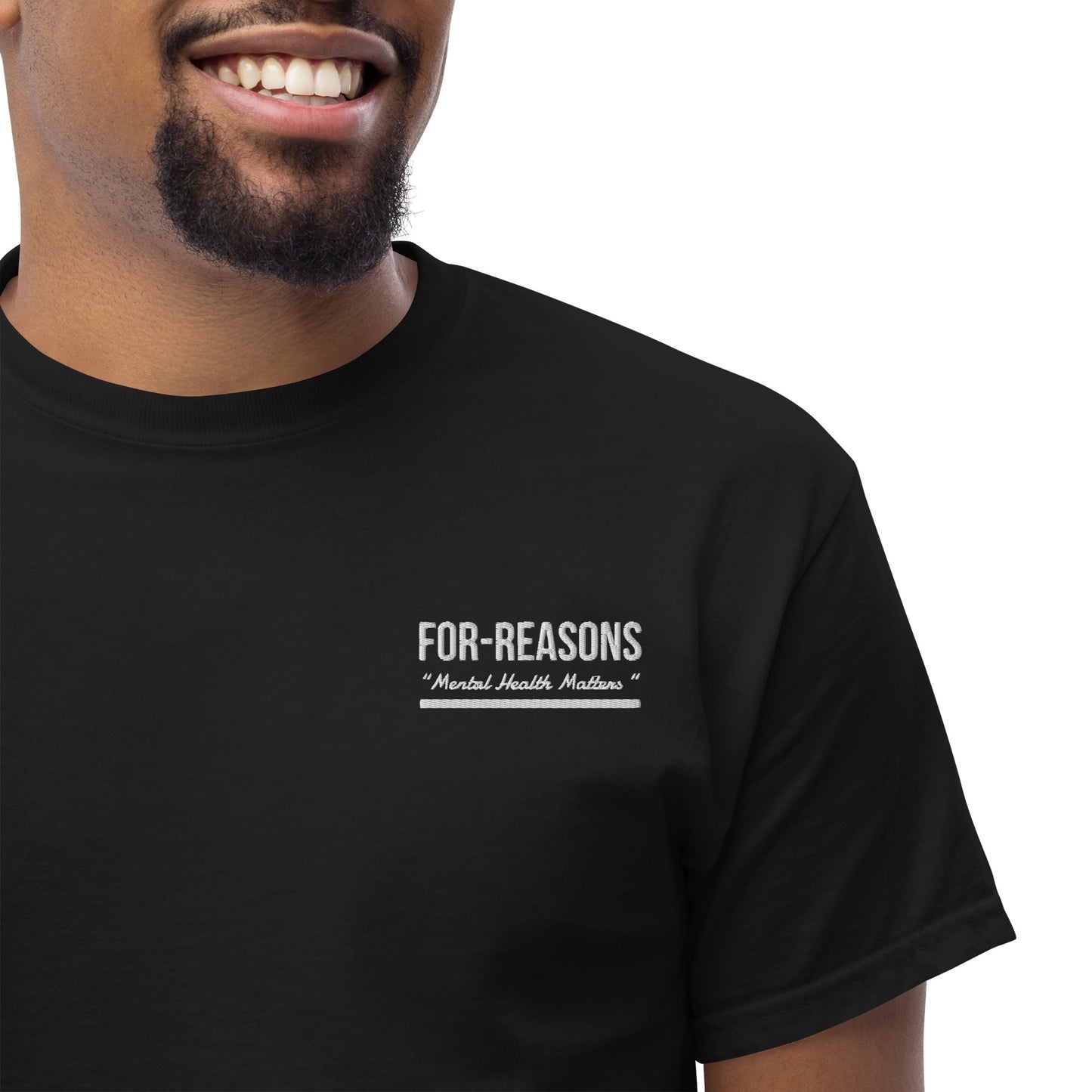 Classic Black w/ White Embroidered “For Reasons Mental Health Matters” Tee