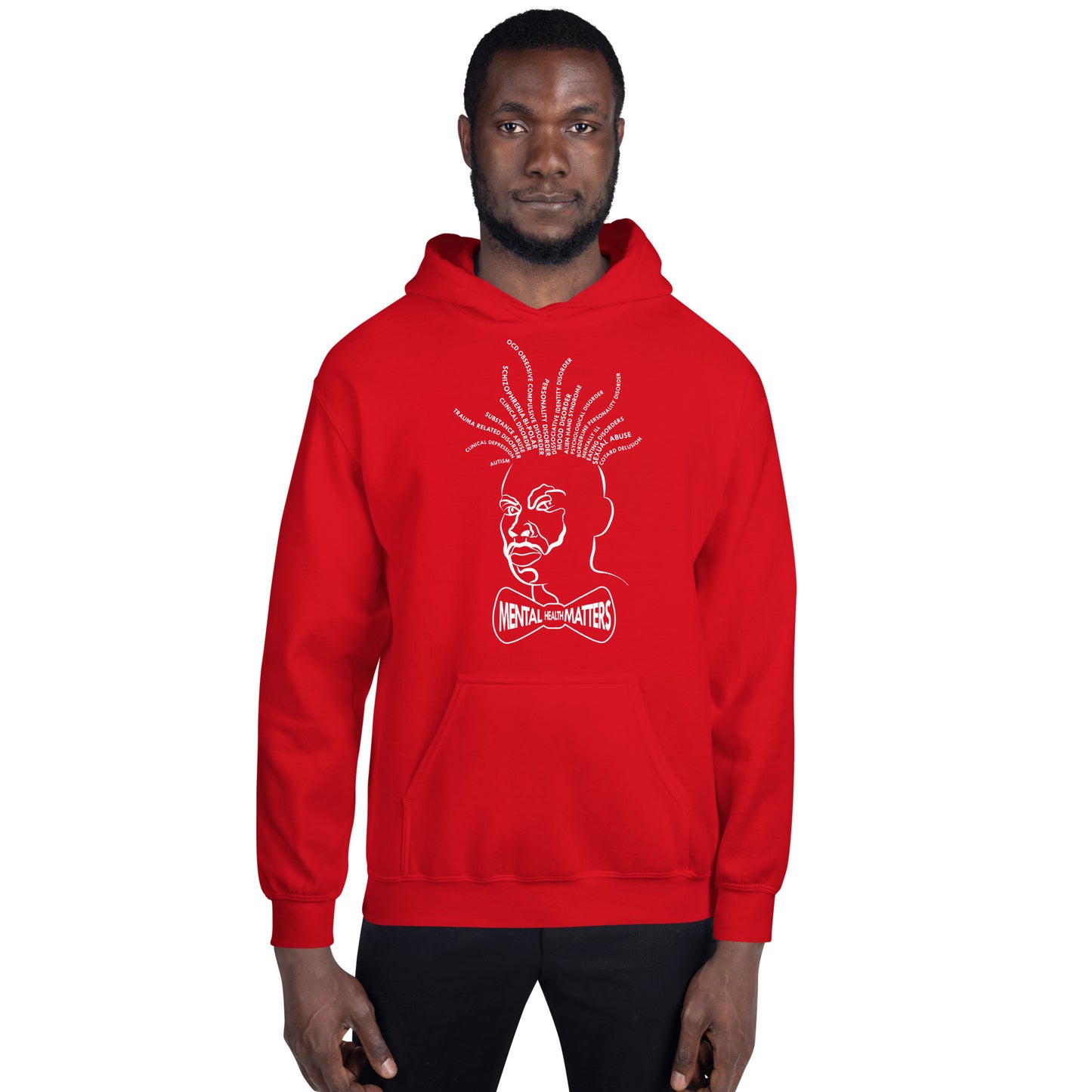 Red Hoodie with White Mental Locs print